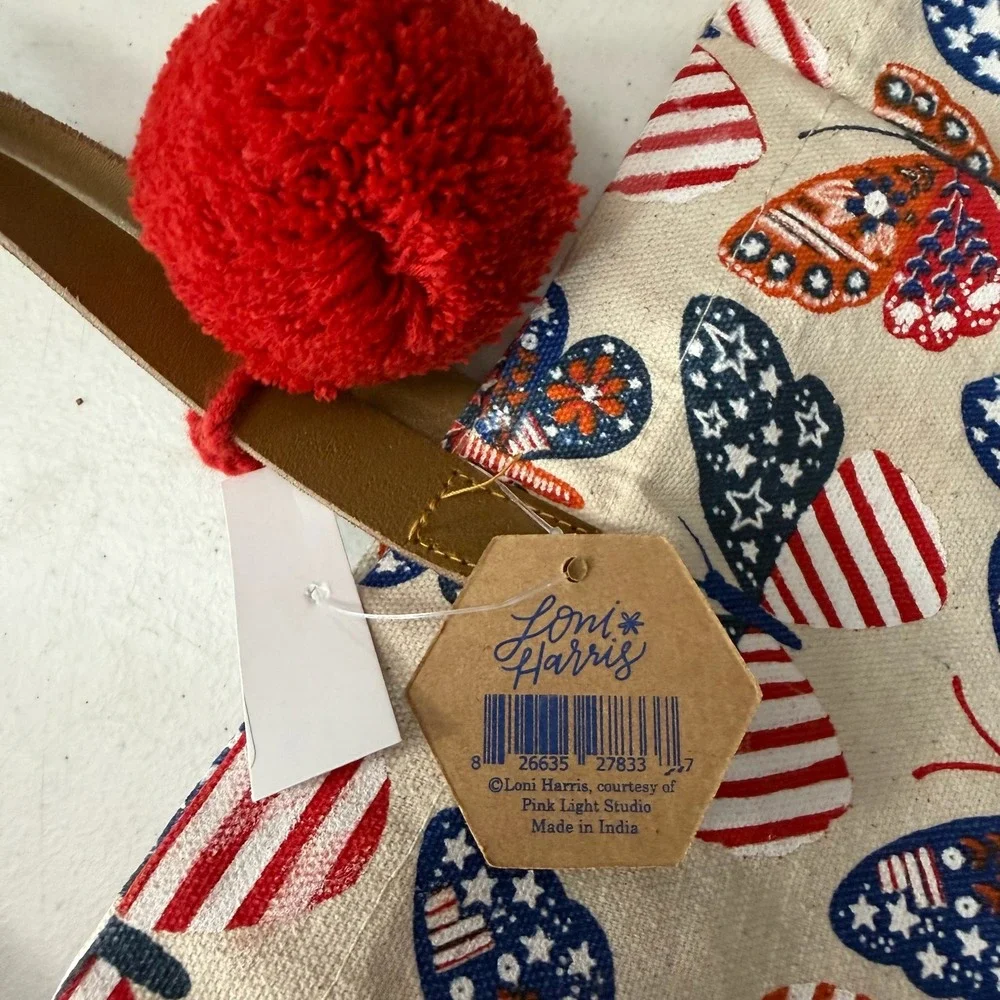 Canvas Boho Butterfly Flag Print Tote Bag Red White Blue Pom‎ Pom Red Straps